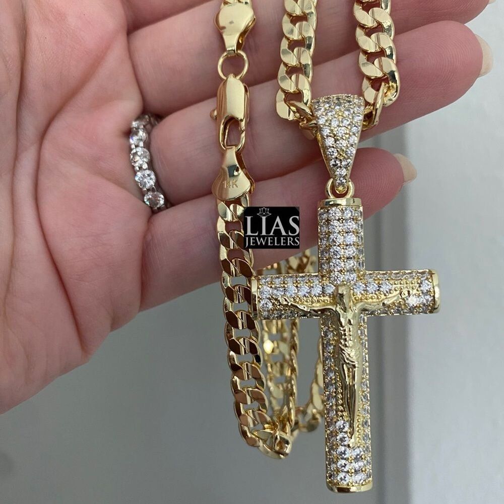 New 14k yellow gold Cuban link chain and cross Jesus pendant set 24 inches